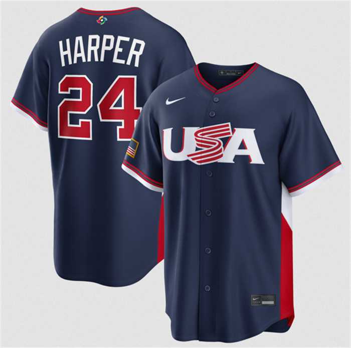 Mens USA Baseball #24 Bryce Harper Navy 2026 World Baseball Classic Road Stadium Stitched Jersey