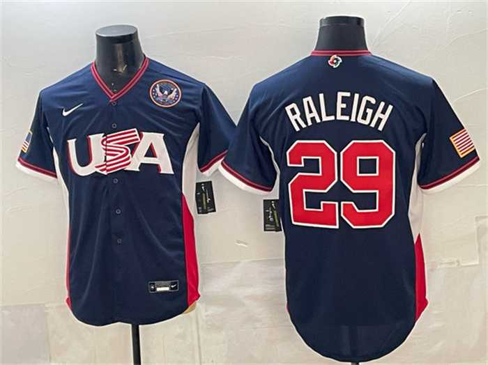 Mens USA Baseball #29 Cal Raleigh Navy 2026 World Baseball Classic United States 250th Anniversary Patch Road Stadium Stitched Jersey