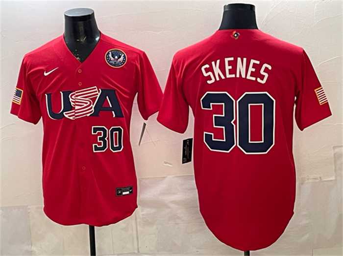 Mens USA Baseball #30 Paul Skenes Red 2026 World Baseball Classic United States 250th Anniversary Patch Stadium Stitched Jersey