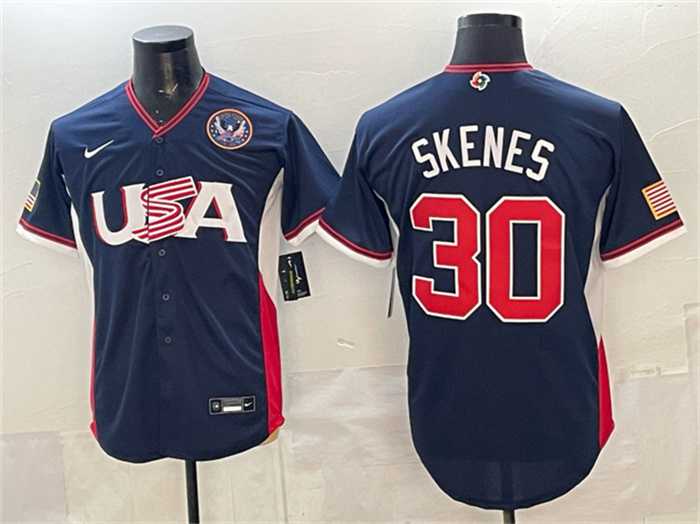 Mens USA Baseball #30 Paul Skenes Navy 2026 World Baseball Classic United States 250th Anniversary Patch Road Stadium Stitched Jersey