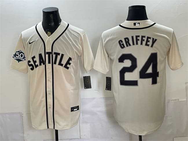 Mens Seattle Mariners #24 Ken Griffey Jr. Cream 50th Anniversary Alternate Stitched Jersey Dzhi
