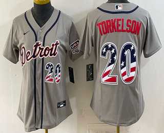 Womens Detroit Tigers #20 Spencer Torkelson Grey 2026 USA 250 Fourth of July Stitched Jersey Dzhi
