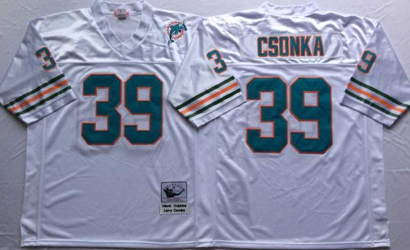 Mens Miami Dolphins #39 Larry Csonka White Throwback Stitched Football Jersey