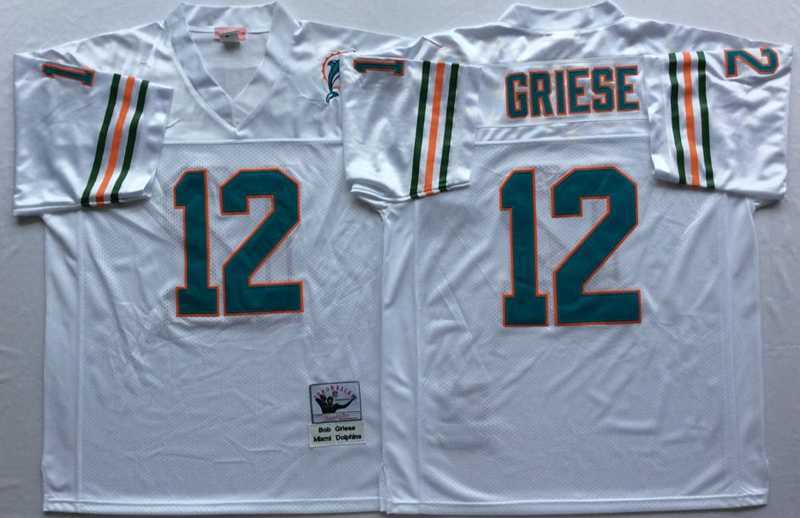 Mens Miami Dolphins #12 Bob Griese White Throwback Stitched Football Jersey