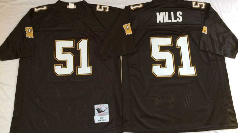 Mens New Orleans Saints #51 Sam Mills Black Throwback Stitched Football Jersey