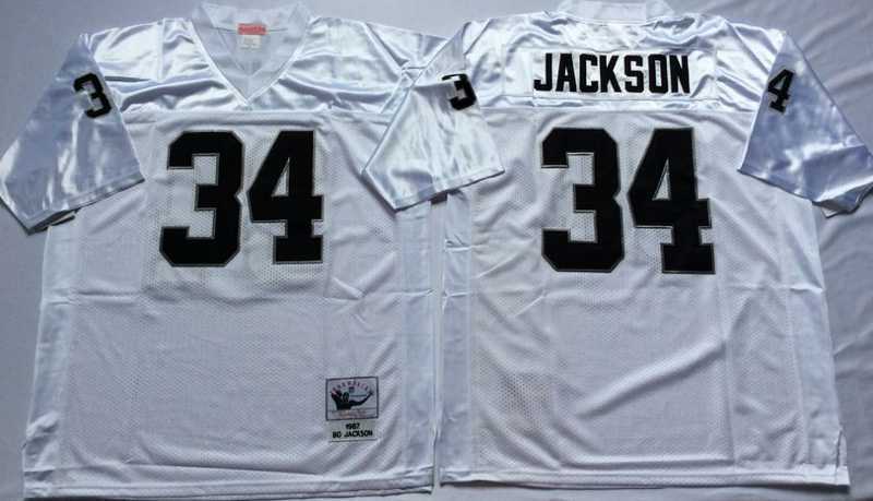 Mens Raiders #34 Bo Jackson White Throwback Stitched Football Jersey