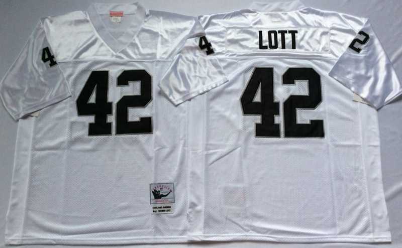 Mens Raiders #42 Ronnie Lott White Throwback Stitched Football Jersey