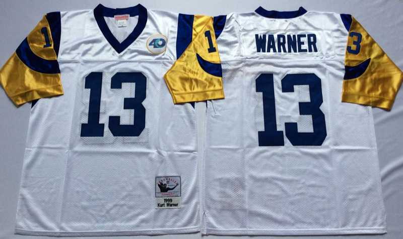 Mens Rams #13 Kurt Warner White Throwback Stitched Football Jersey