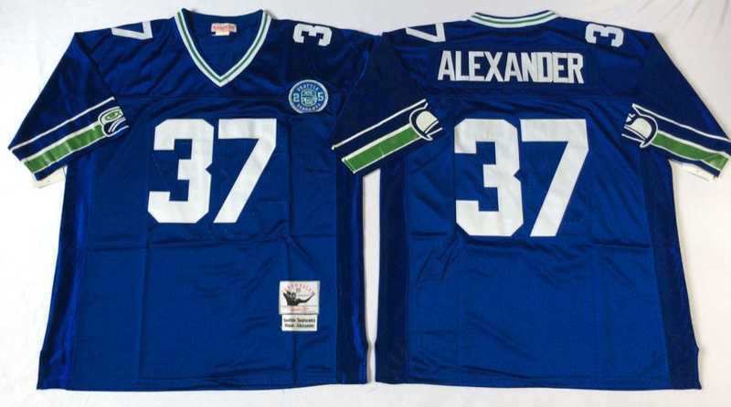 Mens Seattle Seahawks #37 Shaun Alexander Blue Throwback Stitched Football Jersey