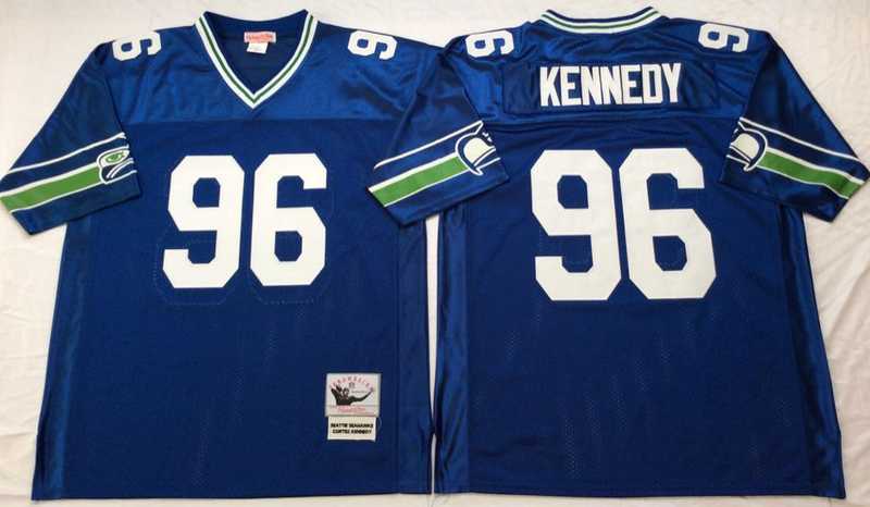 Mens Seattle Seahawks #96 Cortez Kennedy Blue Throwback Stitched Football Jersey