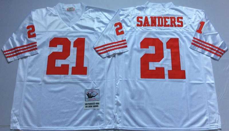 Mens San Francisco 49ers #21 Deion Sanders White Throwback Stitched Football Jersey