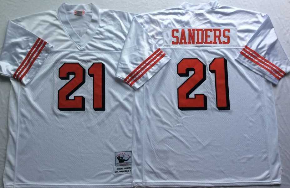 Mens San Francisco 49ers #21 Deion Sanders White 75th Throwback Stitched Football Jersey
