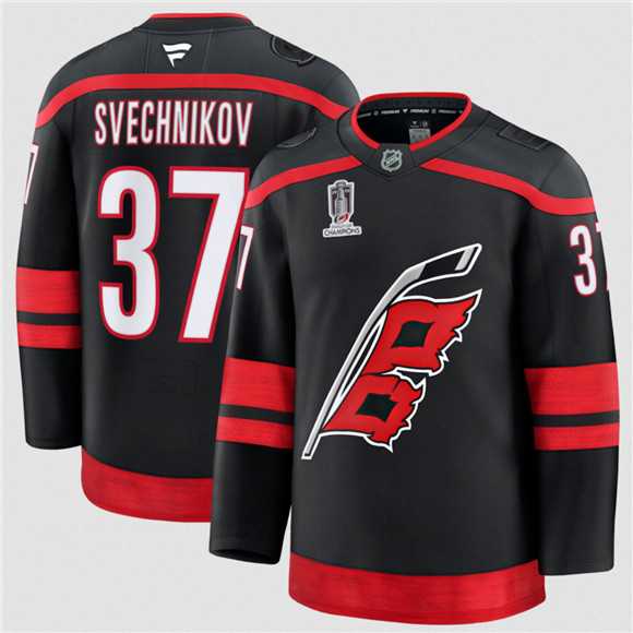 Mens Carolina Hurricanes #37 Andrei Svechnikov Black 2026 Stanley Cup Champions Home Stitched Jersey Dzhi