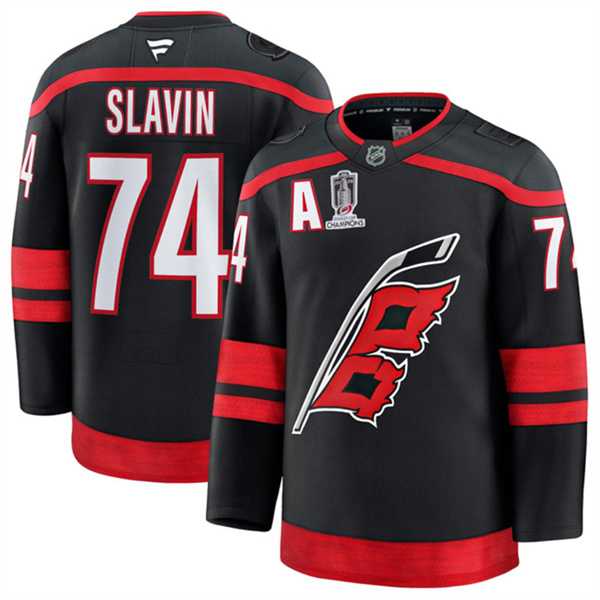 Mens Carolina Hurricanes #74 Jaccob Slavin Black 2026 Stanley Cup Champions And A Patch Home Stitched Jersey Dzhi
