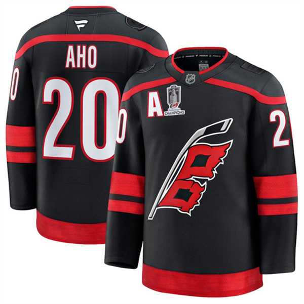 Mens Carolina Hurricanes #20 Sebastian Aho Black 2026 Stanley Cup Champions And A Patch Home Stitched Jersey Dzhi