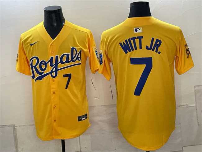 Mens Kansas City Royals #7 Bobby Witt Jr. Gold Sluggerrr Patch Vapor Limited Stitched Jersey