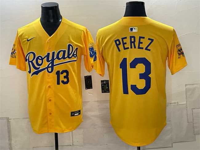 Mens Kansas City Royals #13 Salvador Perez Gold Sluggerrr Patch Vapor Limited Stitched Jersey