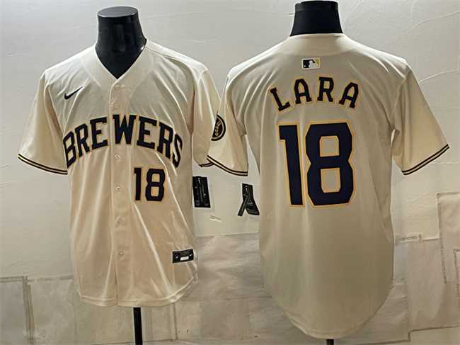 Mens Milwaukee Brewers #18 Luis Lara Cream Stitched Jersey