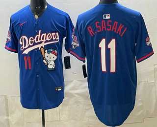 Mens Los Angeles Dodgers #11 Roki Sasaki Blue Hello Kitty 2025 World Series Champions Limited Jersey