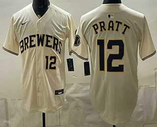 Mens Milwaukee Brewers #12 Cooper Pratt Cream Stitched Jersey