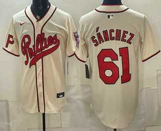 Mens Philadelphia Phillies #61 Cristopher Sanchez Name Cream 2026 Field of Dreams Stadium Stitched Jersey