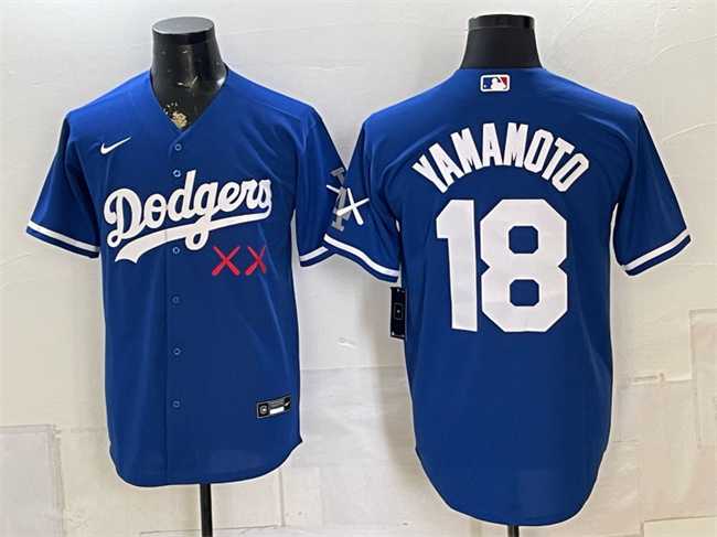 Mens Los Angeles Dodgers x KAWS #18 Yoshinobu Yamamoto Royal Vapor Premier Limited Stitched Jersey