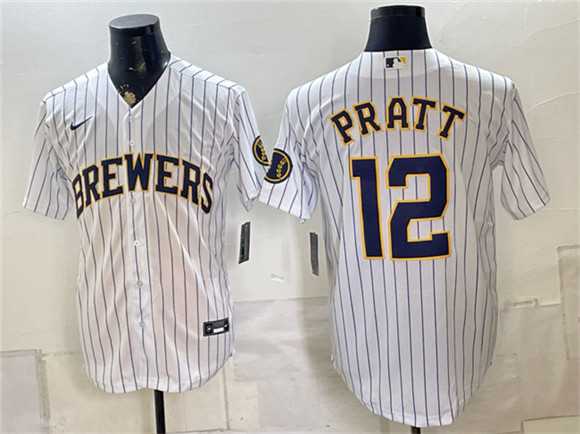Mens Milwaukee Brewers #12 Cooper Pratt White Stitched Jersey