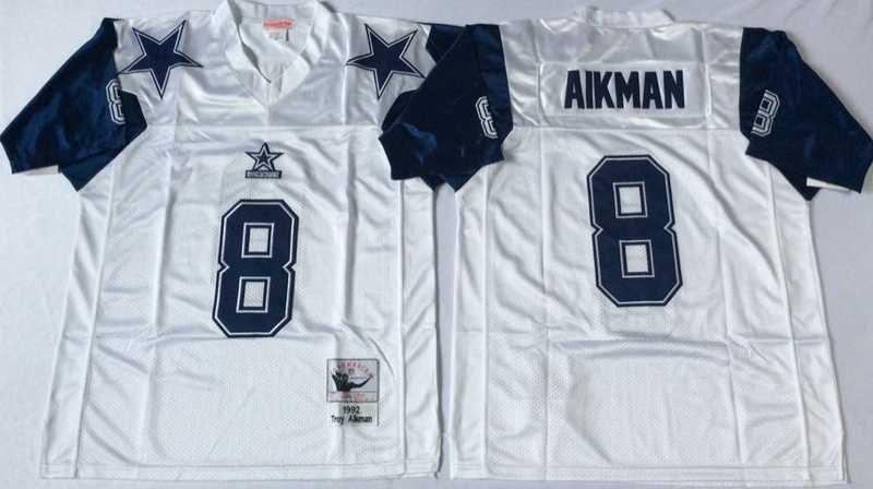 Mens Dallas Cowboys #8 Troy Aikman White Throwback Stitched Football Jersey