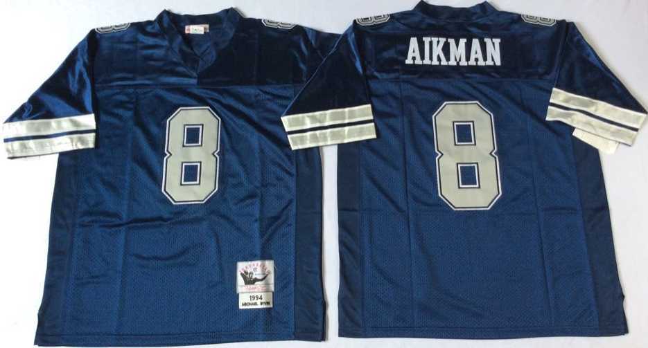 Mens Dallas Cowboys #8 Troy Aikman Blue Throwback Stitched Football Jersey
