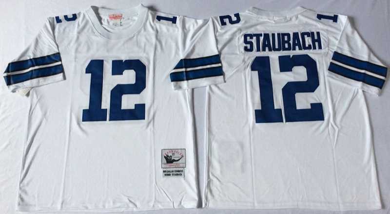 Mens Dallas Cowboys #12 Roger Staubach White Throwback Stitched Football Jersey