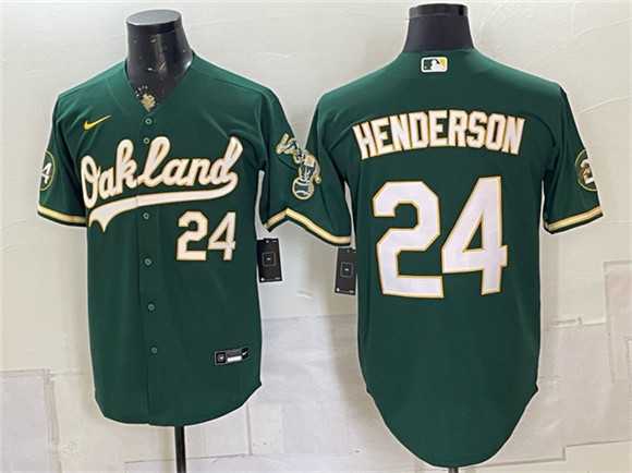 Mens Oakland Athletics #24 Rickey Henderson Green With Patch Stitched Jersey