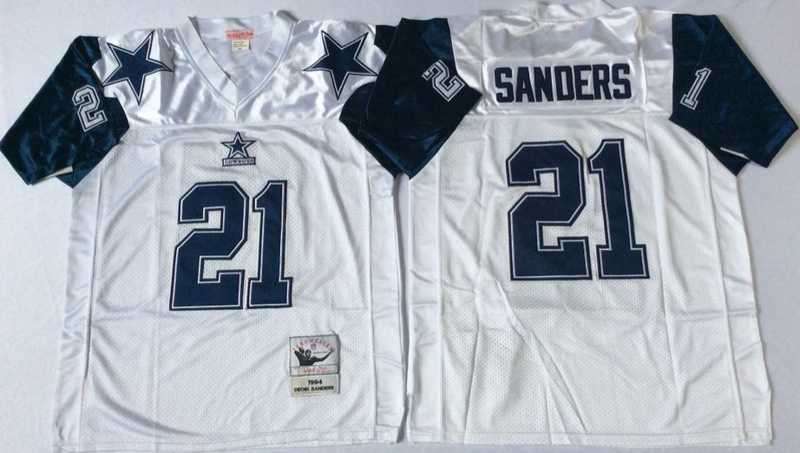 Mens Dallas Cowboys #21 Deion Sanders White Throwback Stitched Football Jersey