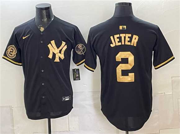 Mens New York Yankees #2 Derek Jeter Black Gold With Patch Stitched Jersey Dzhi