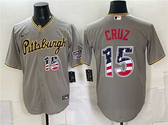 Mens Pittsburgh Pirates #15 Oneil Cruz Grey USA 250 Fourth of July Stitched Jersey Dzhi