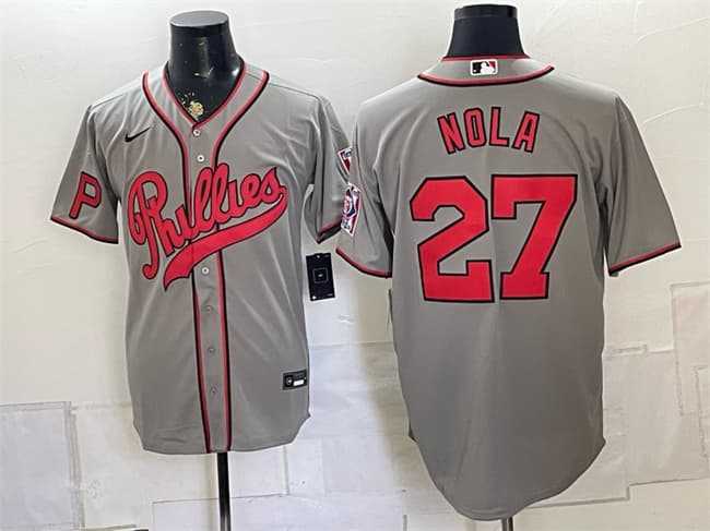 Mens Philadelphia Phillies #27 Aaron Nola Gray 2026 Field of Dreams Stadium Stitched Jersey
