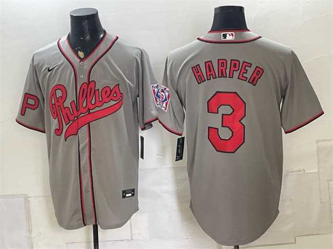 Mens Philadelphia Phillies #3 Bryce Harper Gray 2026 Field of Dreams Stadium Stitched Jersey