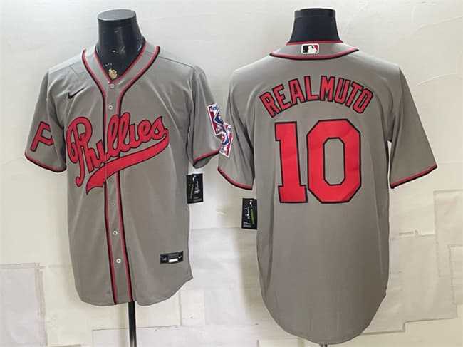 Mens Philadelphia Phillies #10 J.T. Realmuto Gray 2026 Field of Dreams Stadium Stitched Jersey