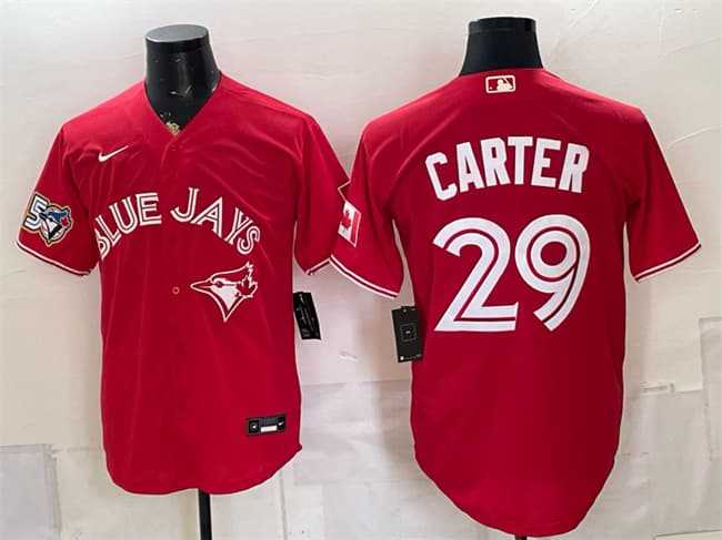 Mens Toronto Blue Jays #29 Joe Carter Red 50 Seasons Patch Stitched Jersey Dzhi