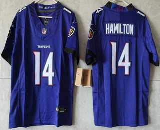 Womens Baltimore Ravens #14 Kyle Hamilton Limited Purple Vapor FUSE Jersey->->