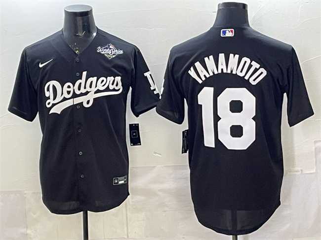Mens Los Angeles Dodgers #18 Yoshinobu Yamamoto Black 2025 World Series Patch Cool Base Stitched Jersey
