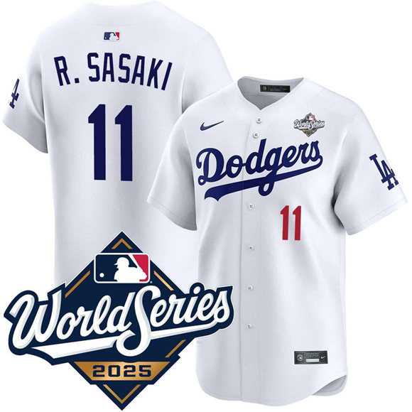 Mens Los Angeles Dodgers #11 Roki Sasaki White 2025 World Series Limited Stitched Jersey