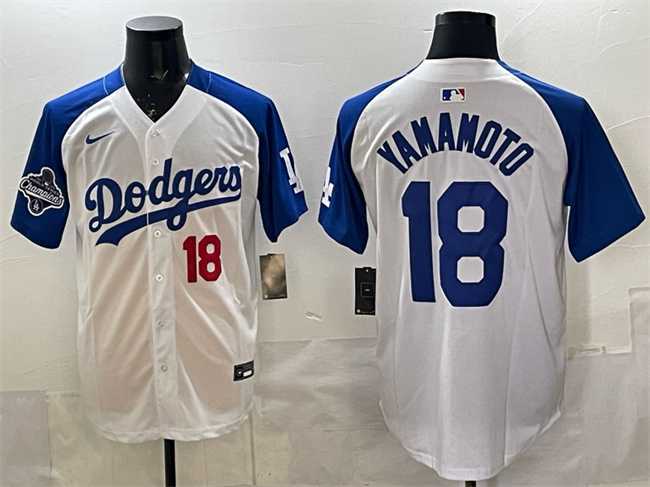 Mens Los Angeles Dodgers #18 Yoshinobu Yamamoto White Royal 2025 World Series Champions Patch Limited Stitched Jersey