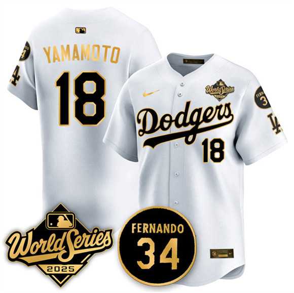 Mens Los Angeles Dodgers #18 Yoshinobu Yamamoto White Gold 2025 World Series With No.34 Patch Limited Stitched Jersey