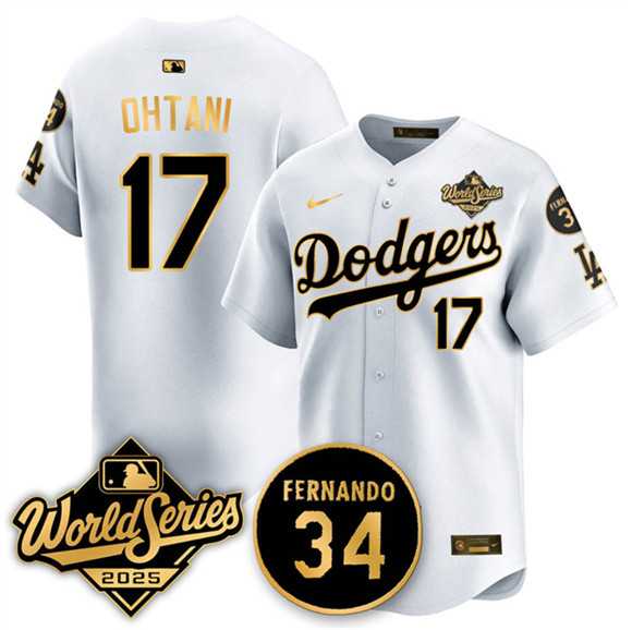 Mens Los Angeles Dodgers #17 Shohei Ohtani White Gold 2025 World Series With No.34 Patch Limited Stitched Jersey