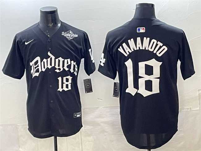 Mens Los Angeles Dodgers #18 Yoshinobu Yamamoto Black 2025 LA Gothic Style With 2025 World Series Patch Vapor Premier Limited Stitched Jersey