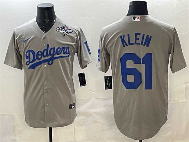 Mens Los Angeles Dodgers #61 Will Klein Grey 2025 World Series Patch Cool Base Stitched Jersey