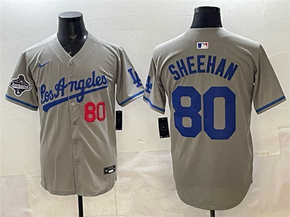 Mens Los Angeles Dodgers #80 Emmet Sheehan Gray 2025 World Series Champions Patch Limited Stitched Jersey