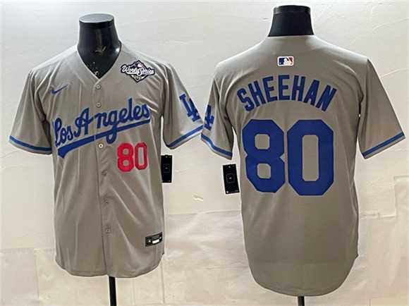 Mens Los Angeles Dodgers #80 Emmet Sheehan Gray 2025 World Series Patch Limited Stitched Jersey