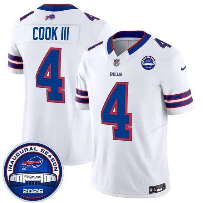 Mens Buffalo Bills #4 James Cook III White F.U.S.E. 2026 Inaugural Season at Highmark Stadium Stitched Jersey Dzhi->->
