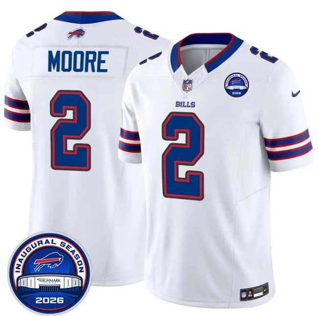 Mens Buffalo Bills #2 D.J. Moore White F.U.S.E. 2026 Inaugural Season at Highmark Stadium Patch Stitched Jersey Dzhi->->